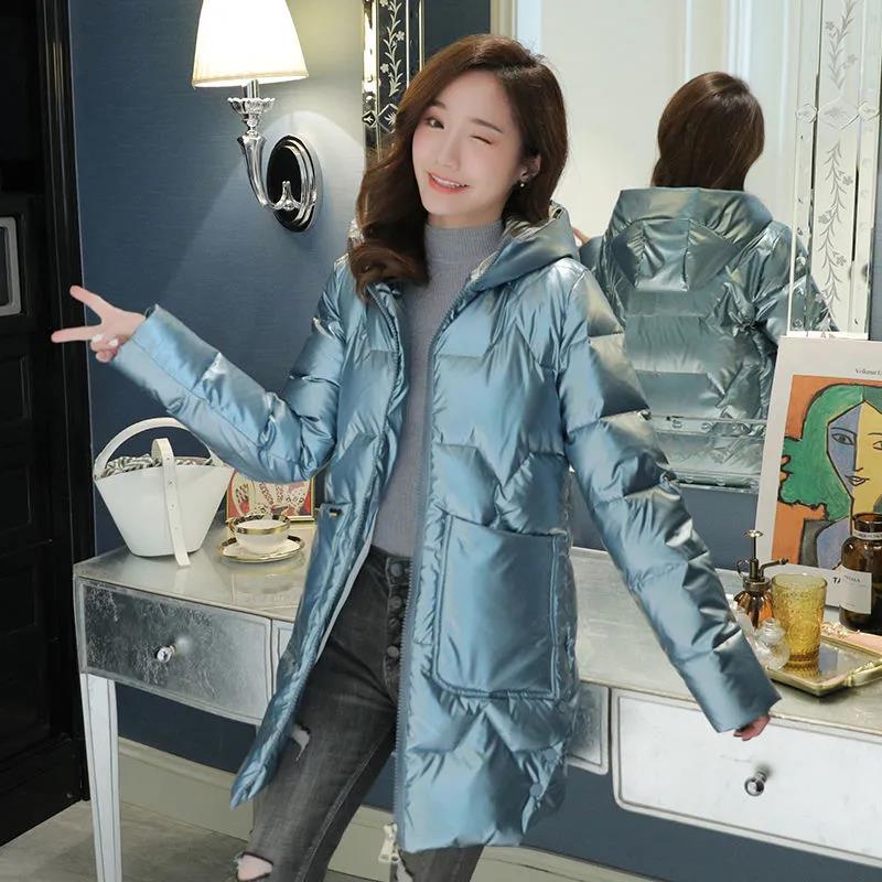 Winter Glossy Down Jacket Korean Thick Hooded Cotton Jacket Solid Color Disposable Mid-length Ladies Down Jacket