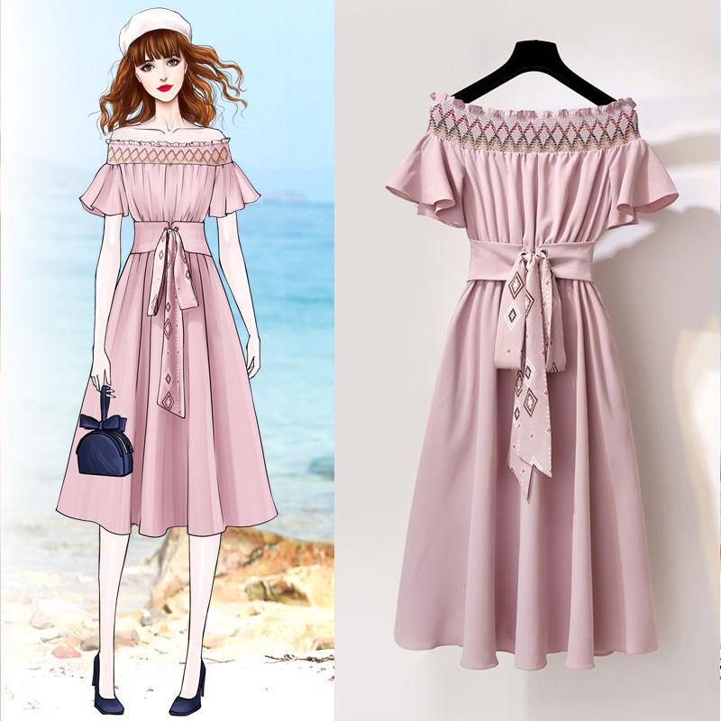 Skirt Women French Retro Strapless Waist Dress Waist Thin Women's Waist A-line Strapless Dress Short Sleeve One-shoulder Neckline