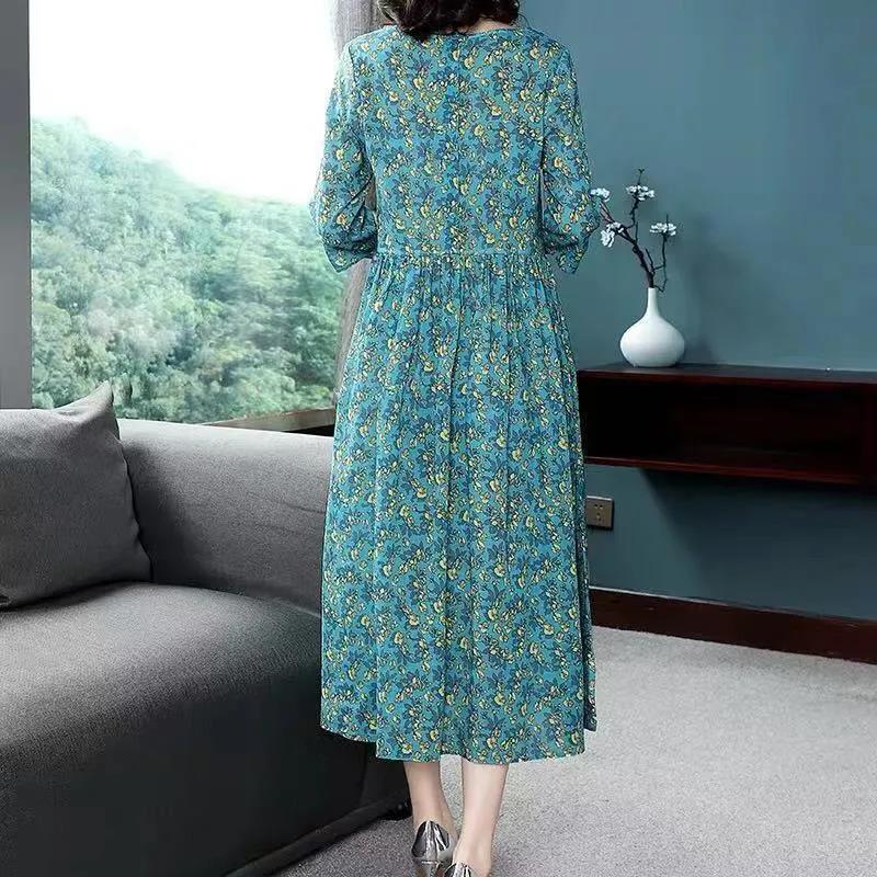 Women's Summer Dress Round Neck Skirt Women's Plus Size Mother Print Mid Length A-Line Skirt