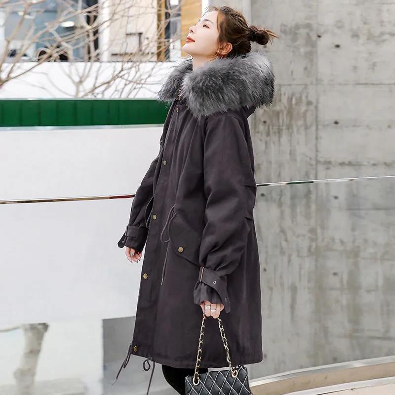 Winter Women's Cotton Jacket Jacket Mid-length Large Fur Collar Plus Down Jacket Thickening Plus Velvet Jacket