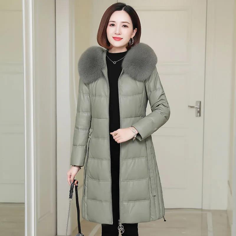 Women's Solid Color Embroidered Down Jacket Mid-length Korean Style Loose Thick Coat Warm Cotton Coat Large Fur Collar Winter Quilted Jacket