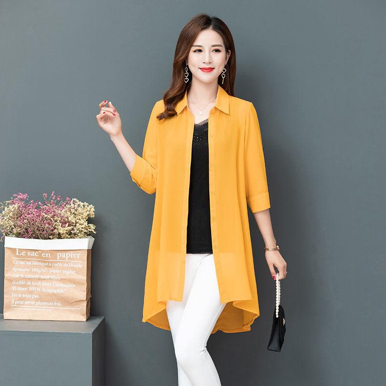 Women's Large Size Mid-length Chiffon Shirt 3/4 Sleeve Cardigan Shirt Spring Summer Loose Casual Sun Protection Coats
