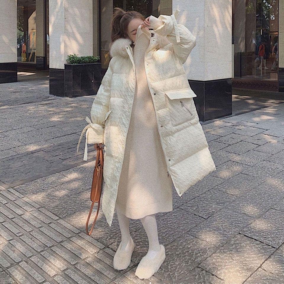 Fluffy Big Fur Collar Hooded White Cotton Jacket Women's Winter Clothes Loose Mid-length Padded Jacket Padded Down Padded Jacket Winter Padded Jacket