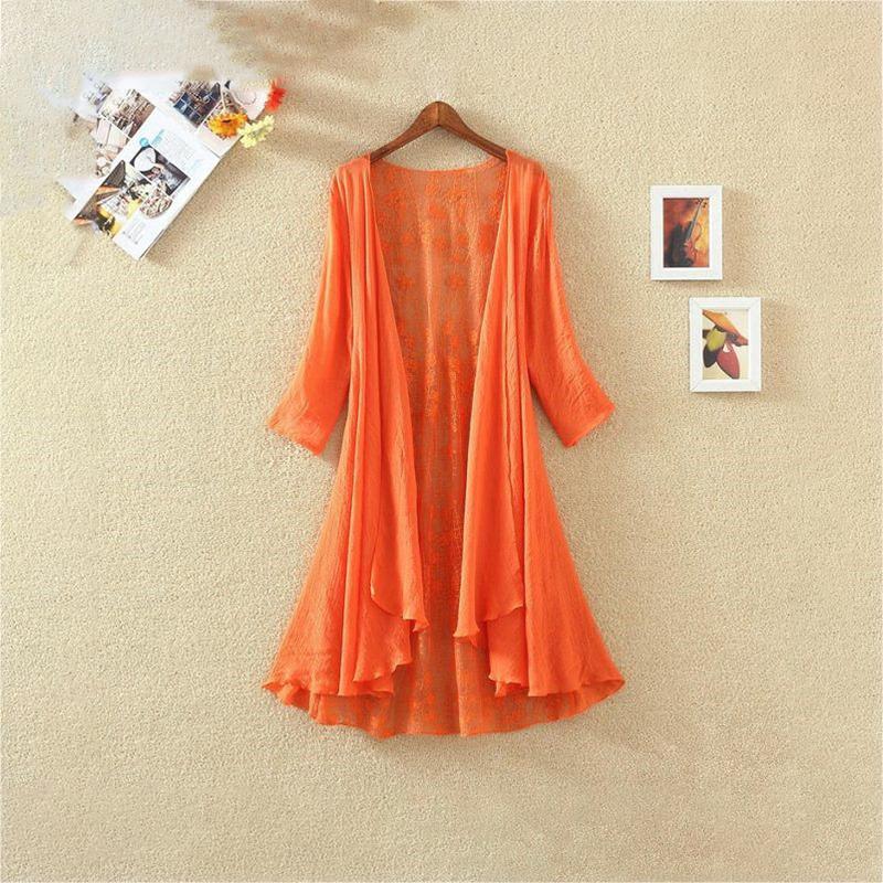 Women's Cotton and Linen Lace Sun Protection Thin Cardigan Beach Mid-length Plus Size Shawl Loose Top