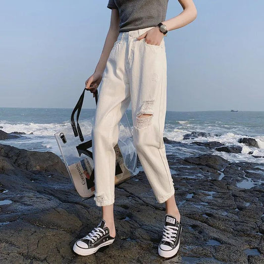 White Ripped Jeans Women's High-waisted Slim Loose Straight-leg Pants Daddy Harlan Nine-point Pants