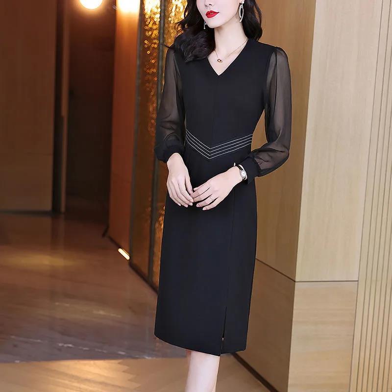 Chiffon Dress Mid Length Ladies Loose Large Size Long Sleeve V-Neck Skirt