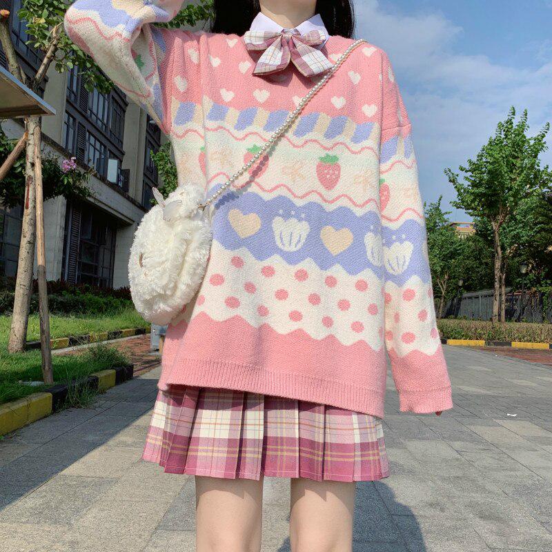 Japanese Preppy Style Autumn Winter Women Sweater Pink Strawberry Heart Warm Knitted Pullover Cute Kawaii Sweet Soft Overcoat