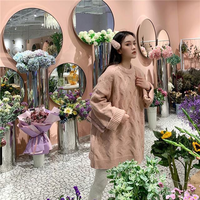 Spring and Autumn Clothes Sweet and Gentle Wind Loose Twist Hedging Mid-length Student Outer Wear Long-sleeved Sweater Women