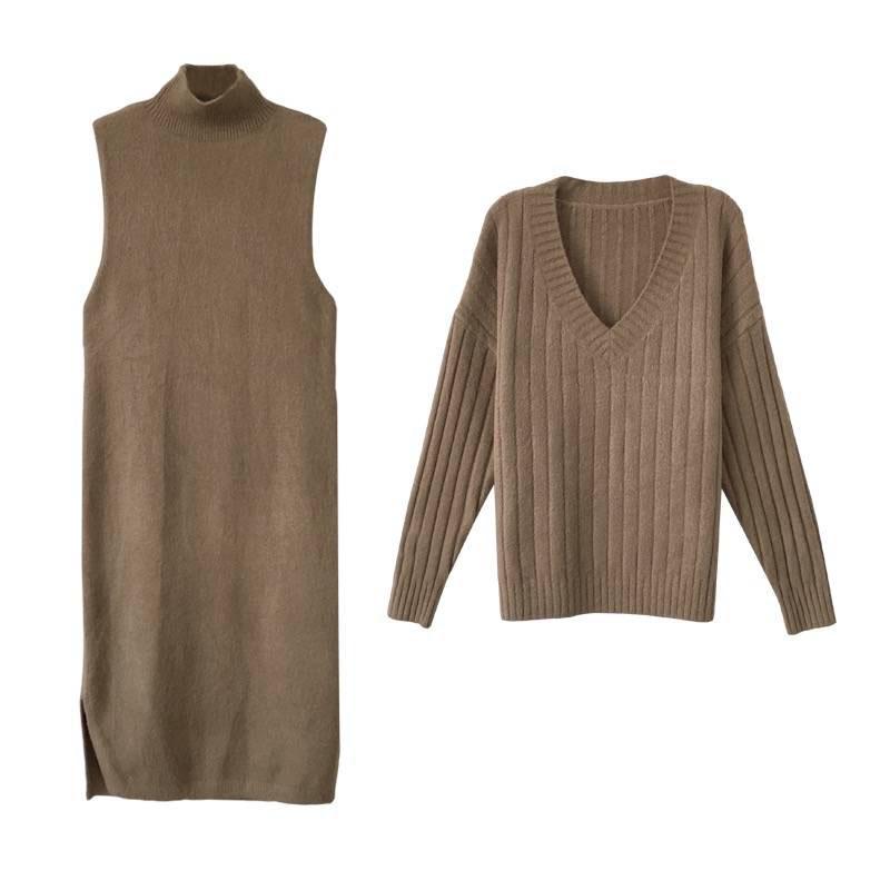 Two-piece Vest Dresses and Sweaters Girl's Winter Long Pullover Female Slim Thick Warm Sweater
