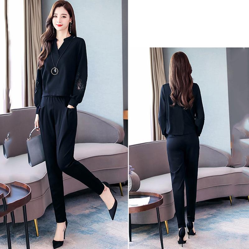 Large Size Women's Black Casual Pants Suit Is Thin and Small Fragrance Temperament Two-piece Long-sleeved Shirt + Casual Pencil Pants