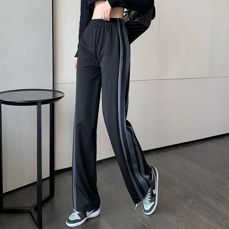 Hong Kong Style High Waist Casual Sports Wide-leg Pants Striped Wild Loose Straight Mopping Trousers Women