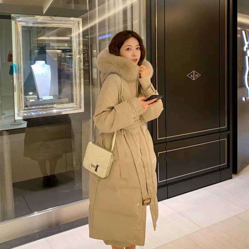 Real Fox Fur Collar Down Jacket Women Mid-length Korean Style Slim Fashion Over-the-knee Thickened Waist Coat