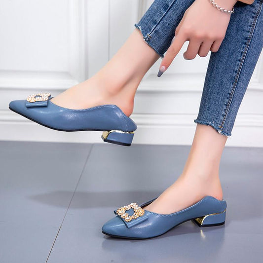 Real Soft Leather Shallow Mouth Thick Heel Pointed Toe Single Shoes Women Spring and Autumn All-match Rhinestone Flat Shoes