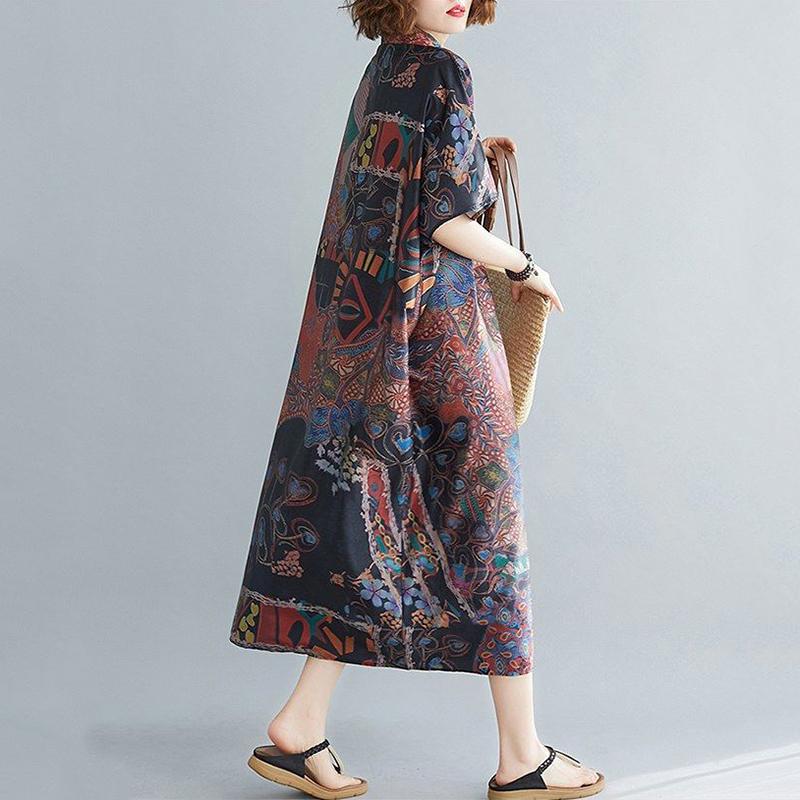 WTEMPO Plus Size Turn-down Collar Women Dress Summer Long Dress Casual Mid-calf Length Pattern Button