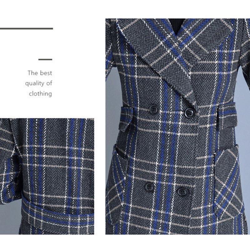 Woolen Coat Women's Mid-length Autumn and Winter Long Over-the-knee Thickened Warm Houndstooth Plaid Woolen Coat