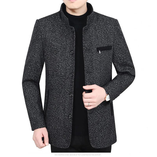 Men's Autumn and Winter Wool Plus Velvet Padded Jacket Stand-collar Casual Jacket Male Warm Thick Coats Mid-length Thick Coat Black Grey Outerwear