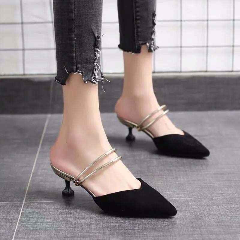 Summer High Heels Female Pointed Toe Stiletto Heel Wild Mid-heel Black Cat Heel Sandals and Slippers Women