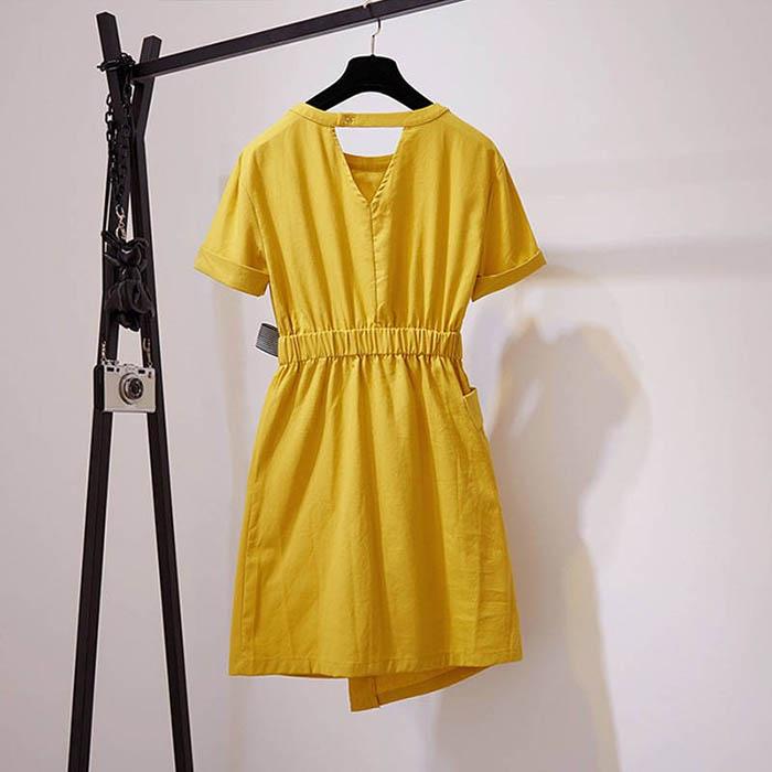 Pofulove M-4XL Women Simple O-neck Bow Yellow Dress Plus Size Slim Short-sleeved Short A-line Dress