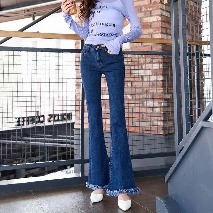 Slim Flared Denim Pants Women's Plus Size Denim Jeans Trousers Summer High Waist Sliming Fit Loose Tassel Denim Pants
