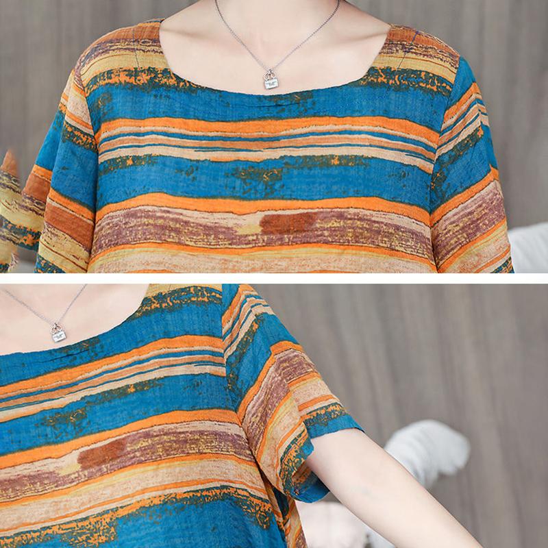Women's Dress Loose Large Size Fat MM Dress Covering Belly Was Thin Striped Mid-length Skirt O-neck Short-sleeved Long Casual Loose Dress