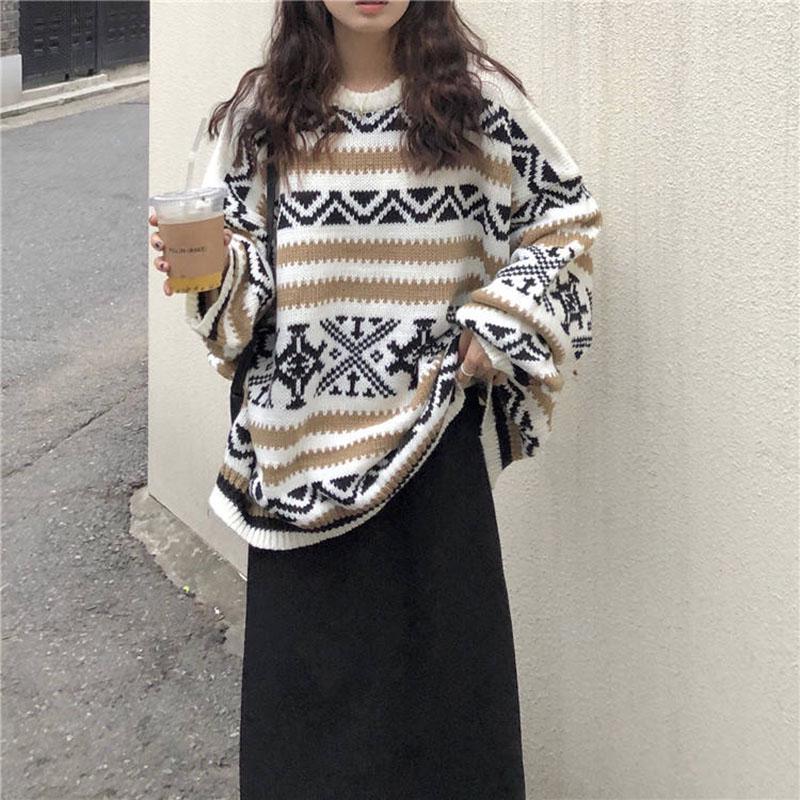 Winter Korean knitwear striped sweater female students retro round neck long sleeve pullover sweater