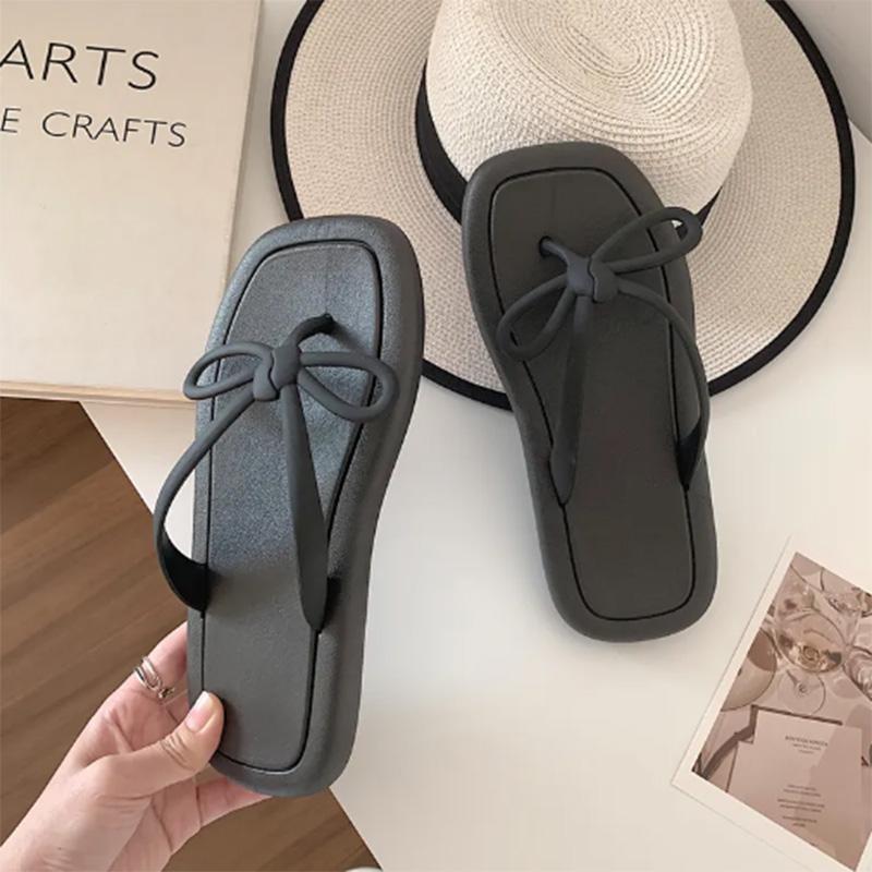 Fairy Wind Bow Flip-flops Female Summer Solid Color Outer Wear Soft Bottom Seaside Clip-on Beach Sandals and Slippers