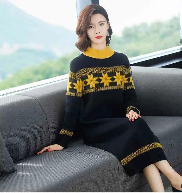 Autumn Winter Long Sweater Dress Women Vintage Print Knit Dress Loose Outer Wear Bottoming Pullover Sweater Dress