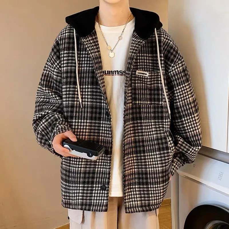 Plaid Woolen Coat Men's Spring and Autumn Trend Loose Plus Size Jacket Men's Ins All-match Autumn and Winter Clothes