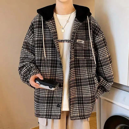 Plaid Woolen Coat Men's Spring and Autumn Trend Loose Plus Size Jacket Men's Ins All-match Autumn and Winter Clothes