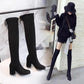Black Elastic Flock Slim Fit Over The Knee Boots Women Autumn Winter Ladies High Heel Plus Velvet Thigh High Boots Chunky Heel Suede Boots