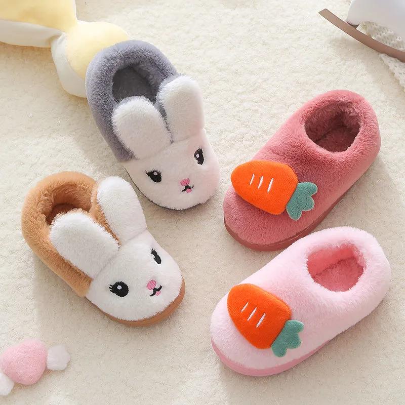 Kids Fur Slides Kids Shoes Autumn Winter Indoor Non-slip Cute Rabbit Cotton Home Slippers Baby Girls Slippers
