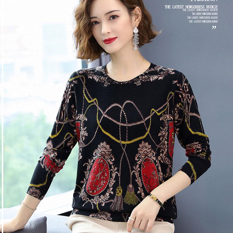 Women Printed Sweater Long Sleeve O-Neck Knitted Pullover Sweater Fashion Loose Jumper Tops Plus Size Knitwear Outwear
