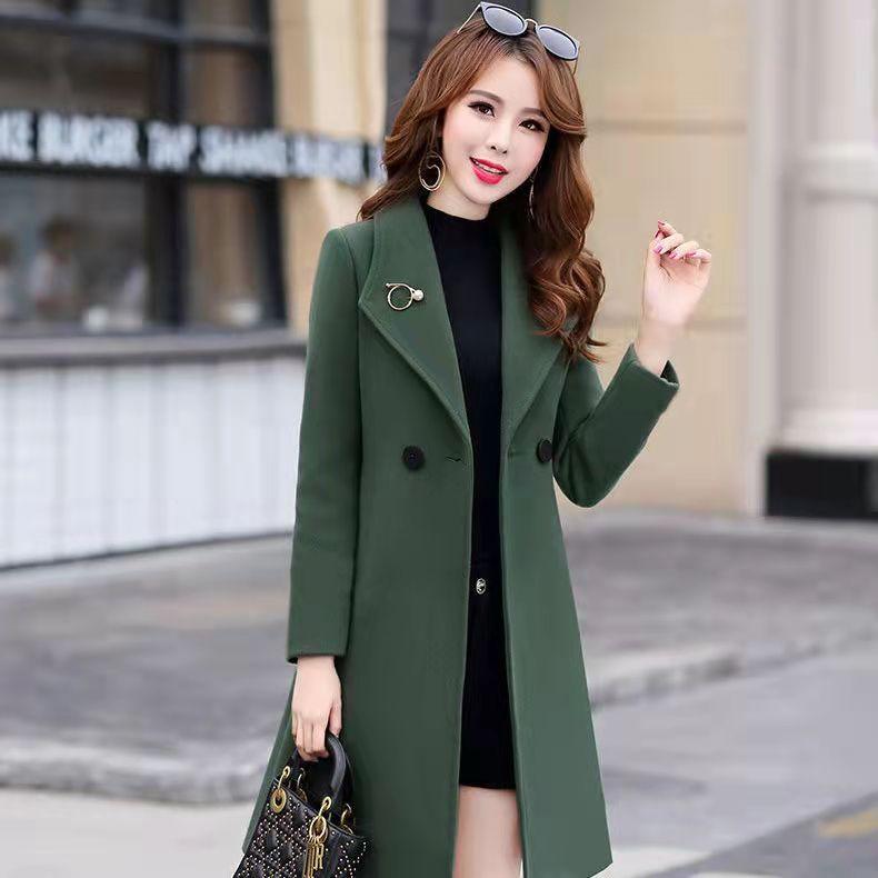 Women Long Woolen Coat Autumn and Winter Lapel Long Sleeve Pure Color Female Woolen Jacket