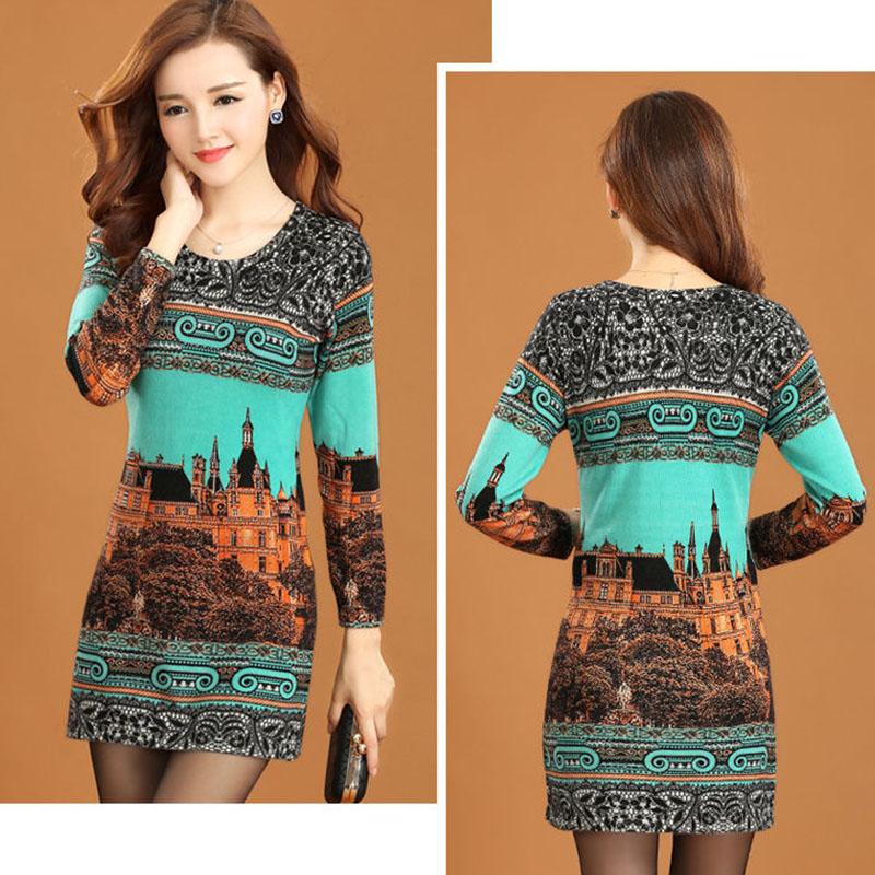 Women's Cashmere Sweater Printing Mid-length Wool Sweater  Large Size Knit Sweater Dress Female Bottoming Dress Fall Winter