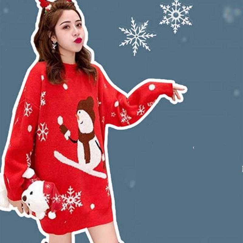 Pofulove Christmas Sweater Women's Mid-length Thick Loose Loose Pullover Sweater Sweater Women