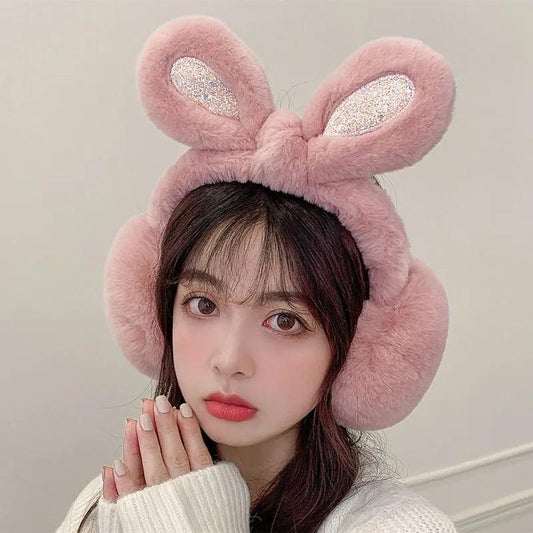 Women's Winter Soft Cute Rabbit Ear Bowknot Sequins Earmuffs Warm Cycling Ear Protection Windproof Antifreeze Plush Ear Pad Cover Rabbit Ears Earflap