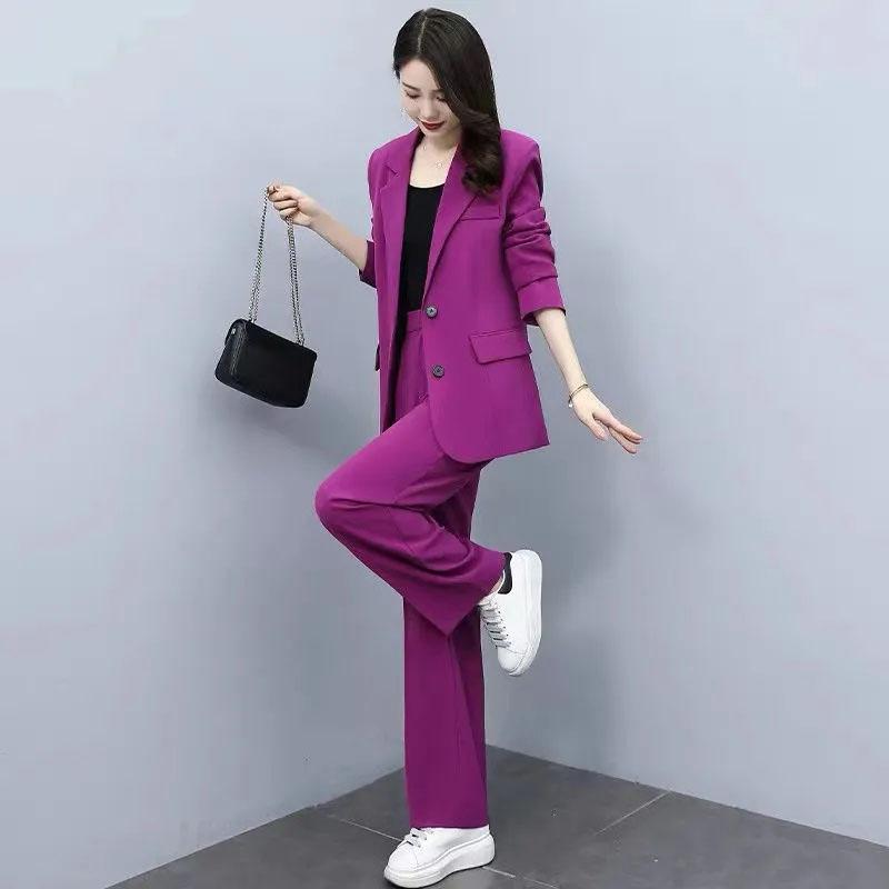 2PCS Women's Spring Suit Suit Professional Wide Leg Pants + Loose Jacket Two-piece Ladies Casual Elegant Suit