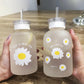 2 Lids Cute 500ml Daisy Clear / Frosted Borosilicate Glass Water Bottle | BPA FREE | High Quality Food Grade Material | Gifts for Her