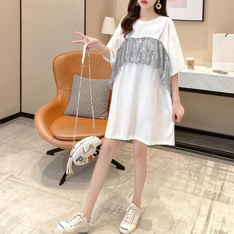 Shiny Sequins Women summer Dress Girl Loose O-Neck short Sleeve Casual Long T-shirt Dress Loose