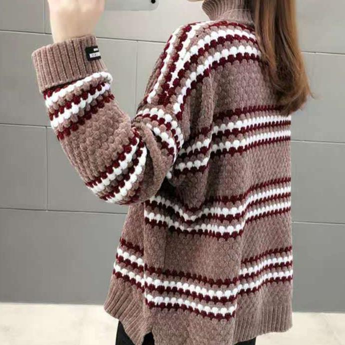 Women's Winter Large Size Versatile Striped Sweater Female Autumn Loose High Collar Long Sleeve Warm Knitted Pullover