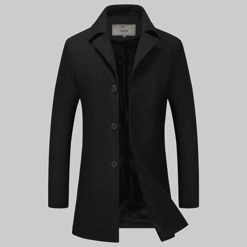 Men's Autumn and Winter Thick Woolen Coat Mid-length Slim Business Coat Winter Single-breasted Wool Trench Coat Solid Casual Suit Collar Warm Outfit