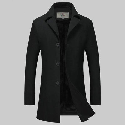 Men's Autumn and Winter Thick Woolen Coat Mid-length Slim Business Coat Winter Single-breasted Wool Trench Coat Solid Casual Suit Collar Warm Outfit