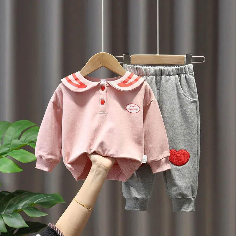 Baby Girl Suit Spring and Autumn Baby Clothes Letter Printing Pullover Lapel Cute Long-sleeved Sweater + Casual Sports Pants Two-piece Set