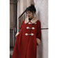 Autumn and Winter Woolen Coat Dark Red Horn Button Lamb Wool Thick Woolen Coat Women's Mid-length Stand-up Collar Woolen Coat