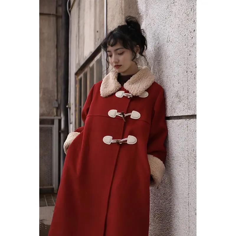 Autumn and Winter Woolen Coat Dark Red Horn Button Lamb Wool Thick Woolen Coat Women's Mid-length Stand-up Collar Woolen Coat