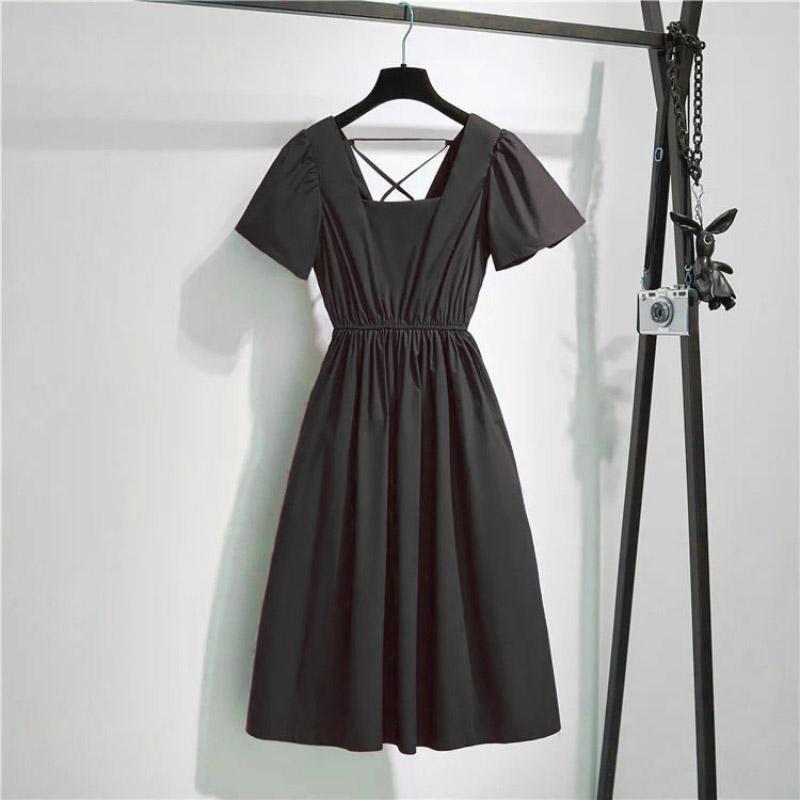 Dress Women's Spring Summer Plus Size Casual Solid Color Dress Square Collar Short Sleeve Open Back Cotton All-match