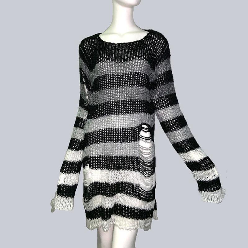 Goth Punk Sweater Fashion Hole Pullover Knitted Striped Sweaters Plus Size Loose Long Sweater Broken Hollow Out Streetwear Hip Hop Harajuku Sweaters