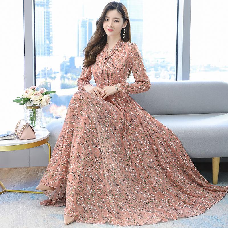 Chiffon Long Sleeve Dress Spring and Autumn Floral Chiffon Super Fairy Waist Beach Dress Long Skirt Fabric Lightweight Breathable