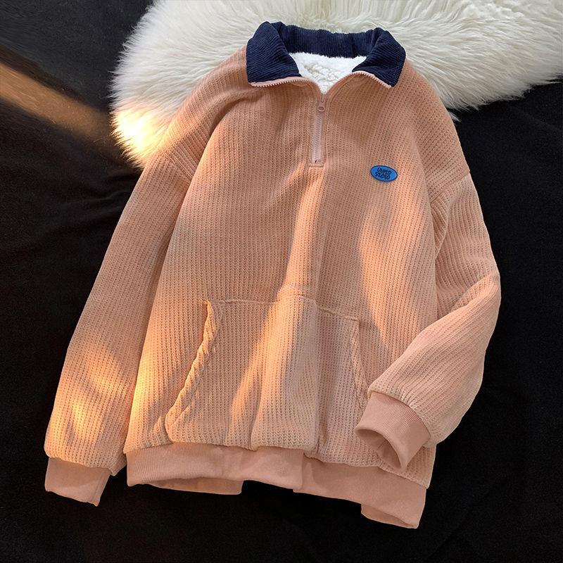 Lamb Velvet Half Zipper Polo Collar Sweater Women's Autumn and Winter Plus Velvet Thick Outer Wear Loose Warm Warm Jacket Top