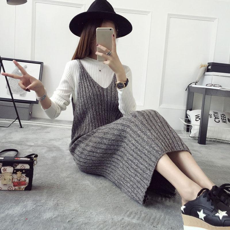 Autumn and Winter Long Sweater Dress Fashion Knitted Suspender Dress Casual Simple Female Suspender Dress